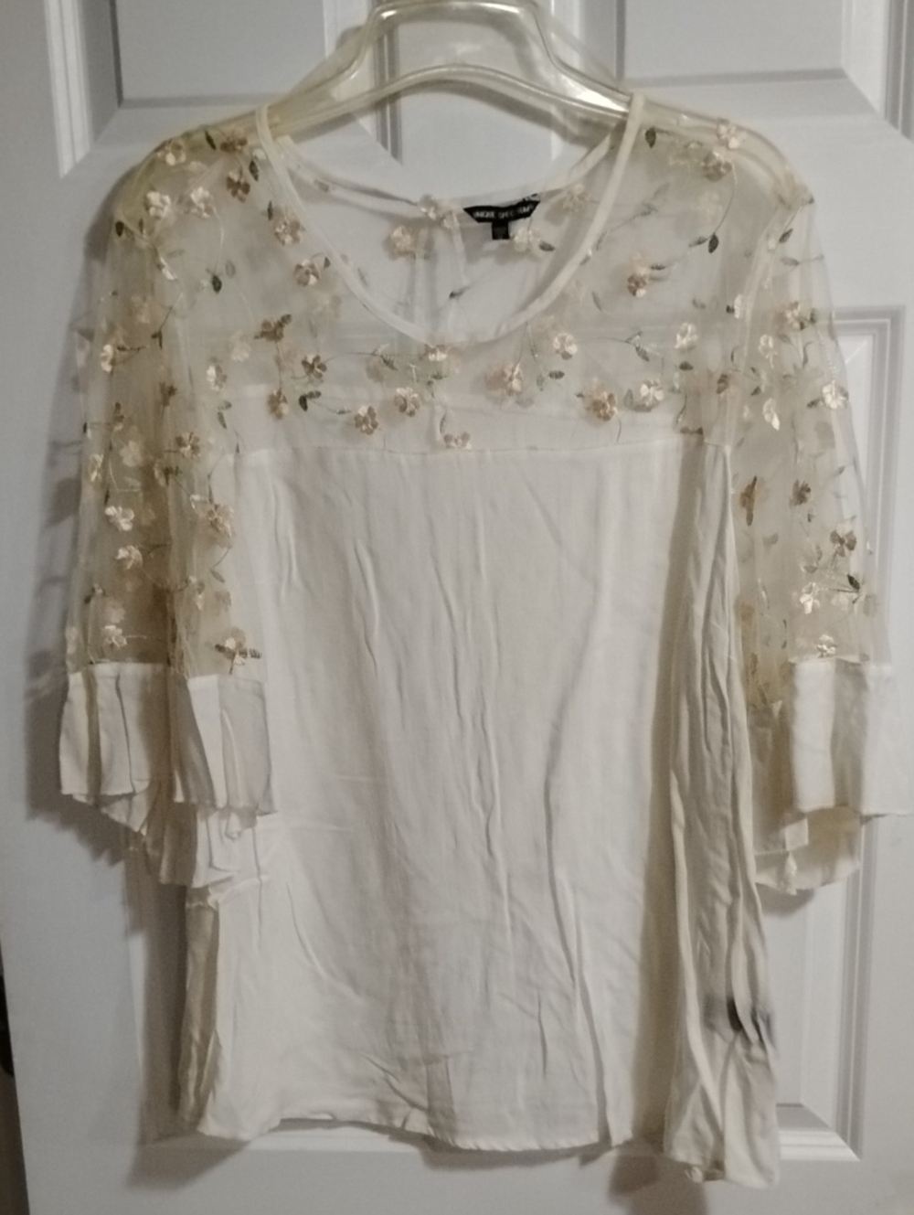 Unique Spectrum Cream Floral Embroidered Sheer Yoke Blouse